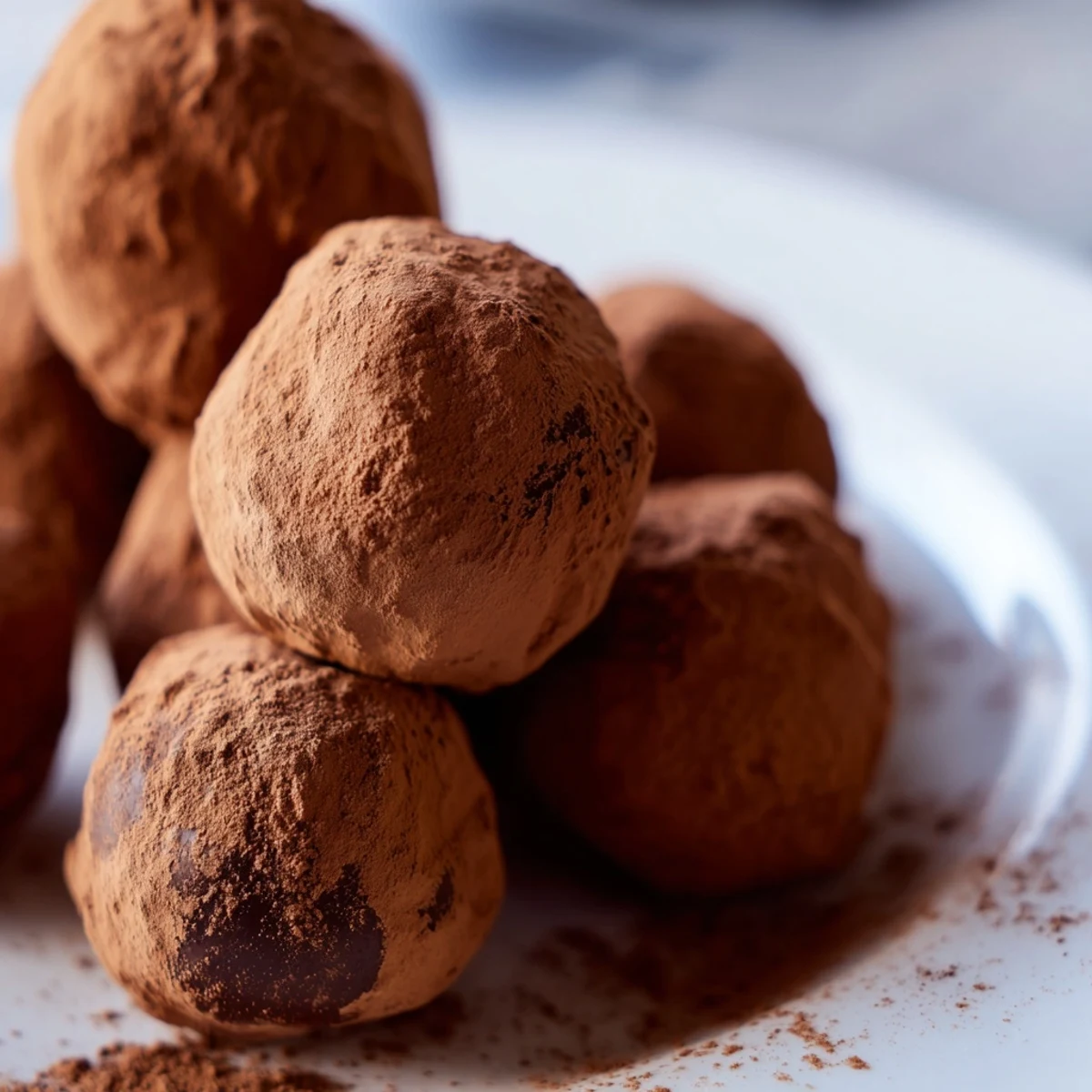 Close-up of a bitten Irish Cream Truffle revealing its creamy, rich chocolate ganache filling in a cozy setting.