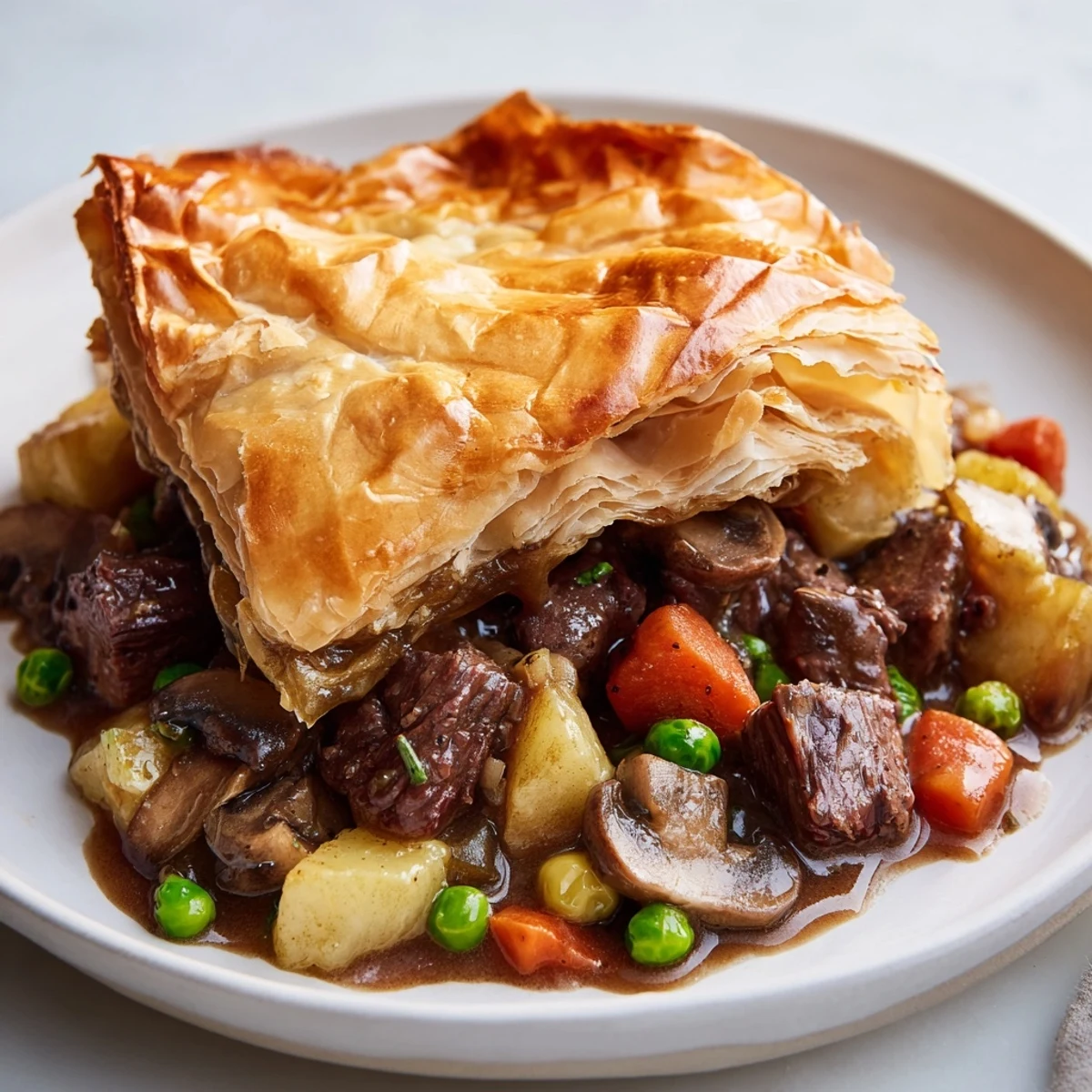 Golden-brown puff pastry tops a bubbling Beef Pot Pie, revealing tender beef and vegetables in rich gravy.