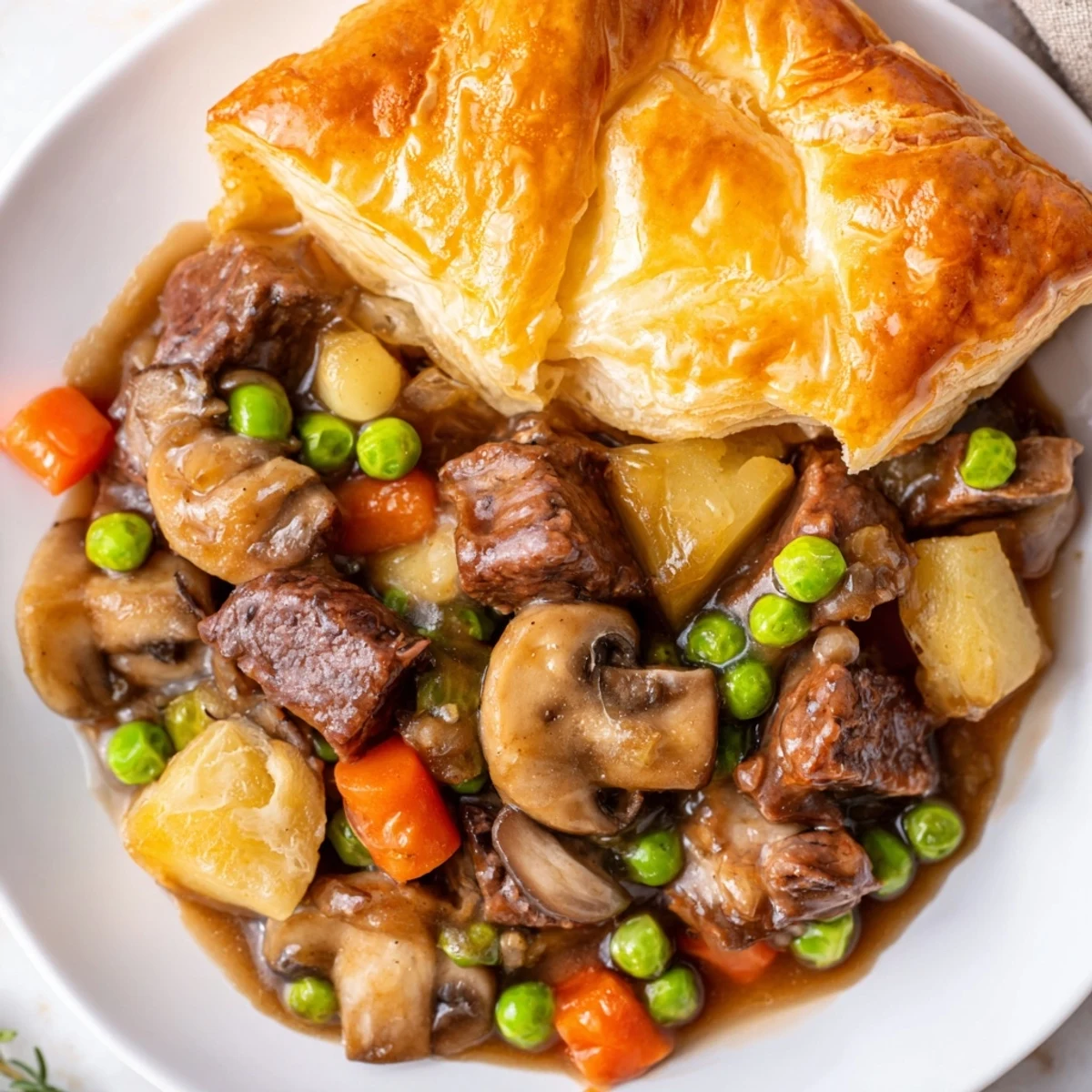 Fresh out of the oven Beef Pot Pie with golden crust, displayed on a rustic wooden table for dinner.