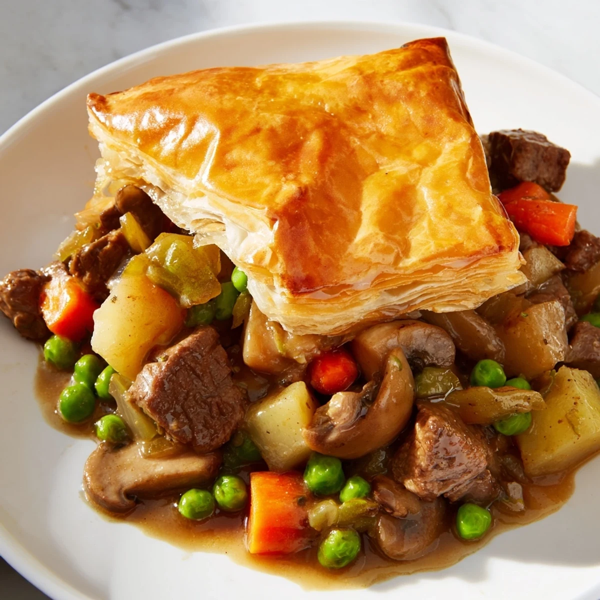 Savory Beef Pot Pie with flaky pastry crust served warm, steam rising from hearty meat and veggie filling.
