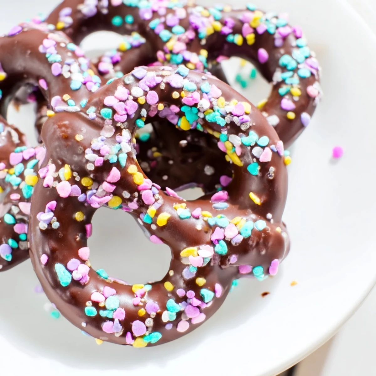 Chocolate Covered Pretzels with Pastel Sprinkles are displayed on a white plate, showing the sweet and salty snack with a glossy finish and bright colors.