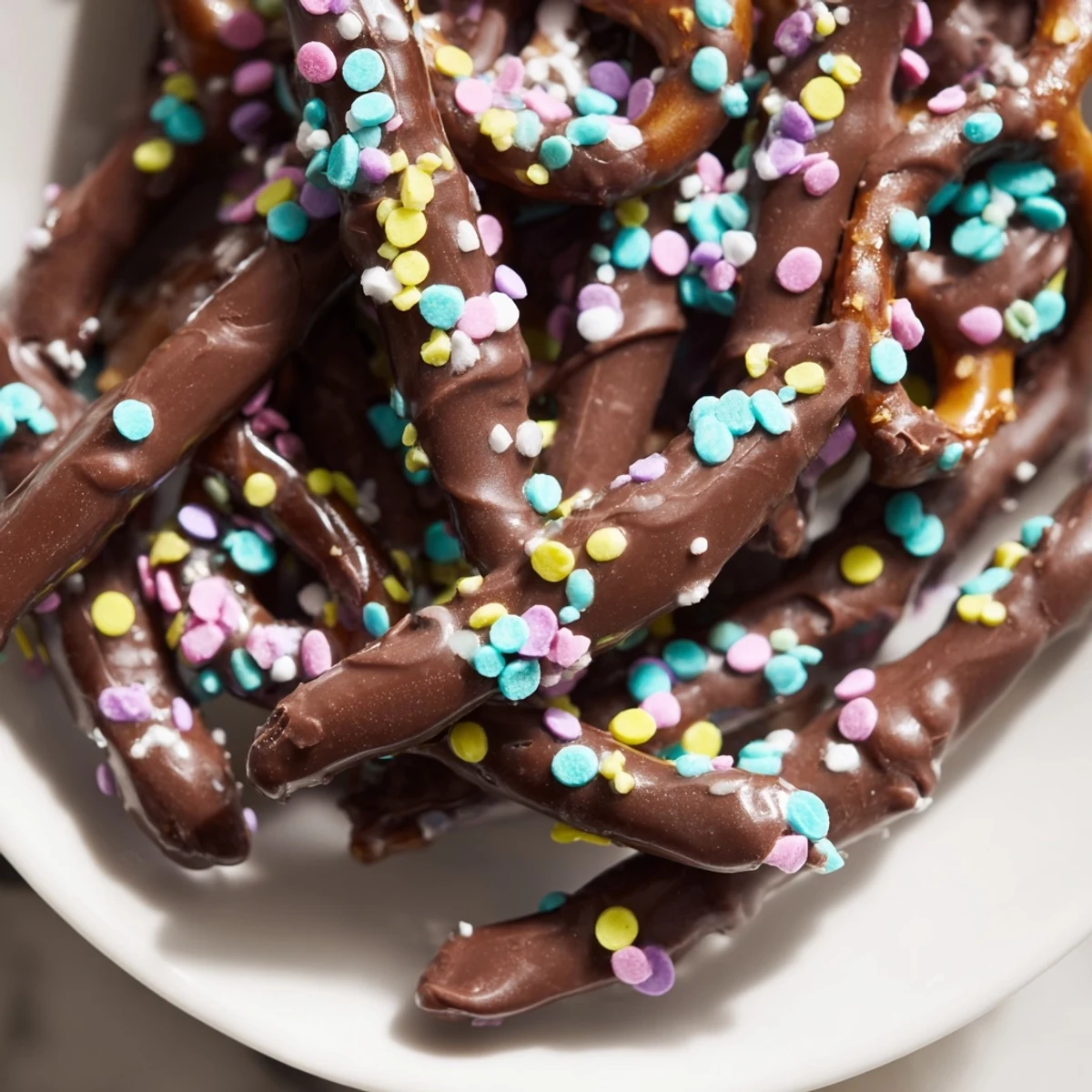 A close-up view of Chocolate Covered Pretzels with Pastel Sprinkles resting on parchment paper, highlighting the crunchy texture and cheerful decorations.