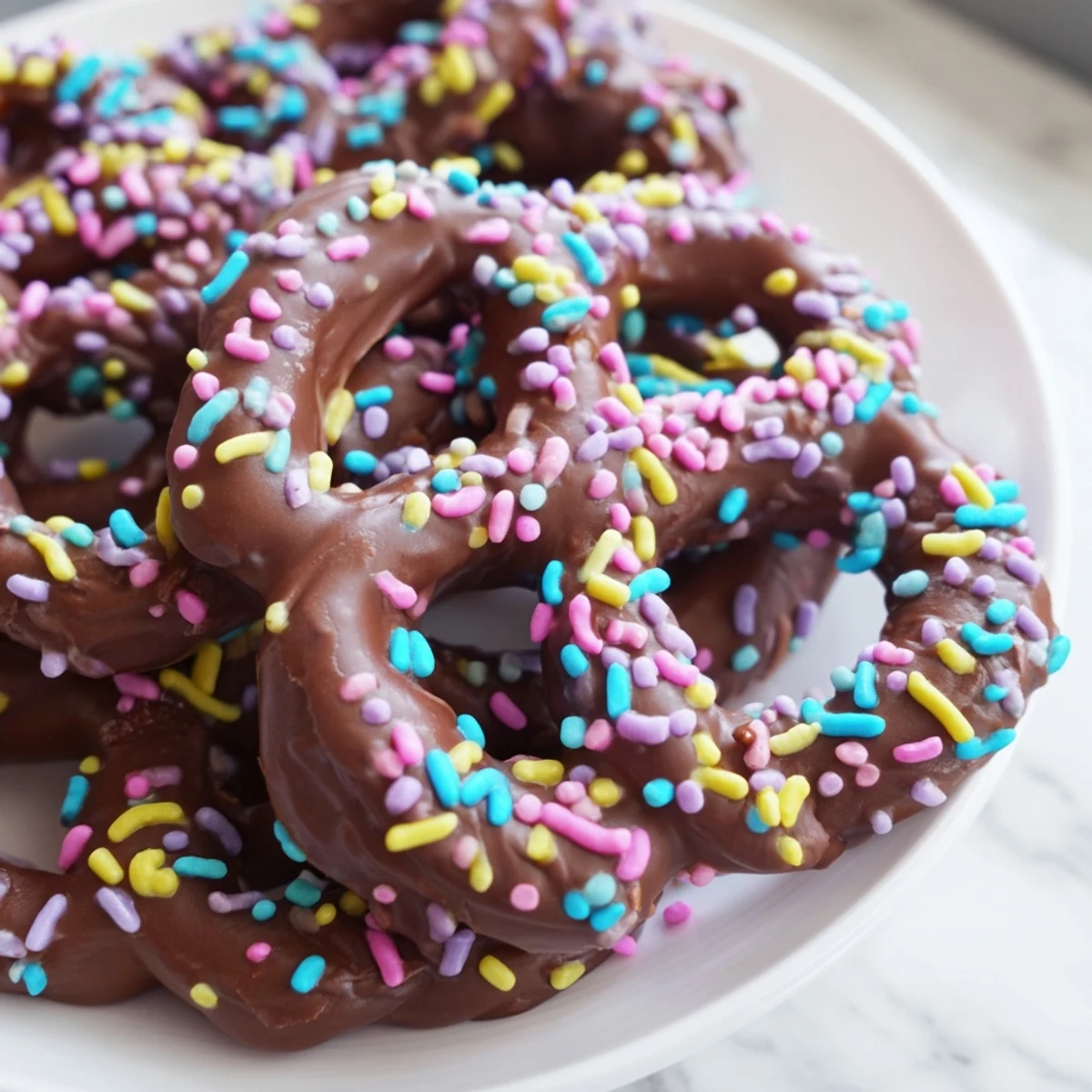 This easy American snack of Chocolate Covered Pretzels with Pastel Sprinkles is ready to serve, perfect for parties or afternoon treats.