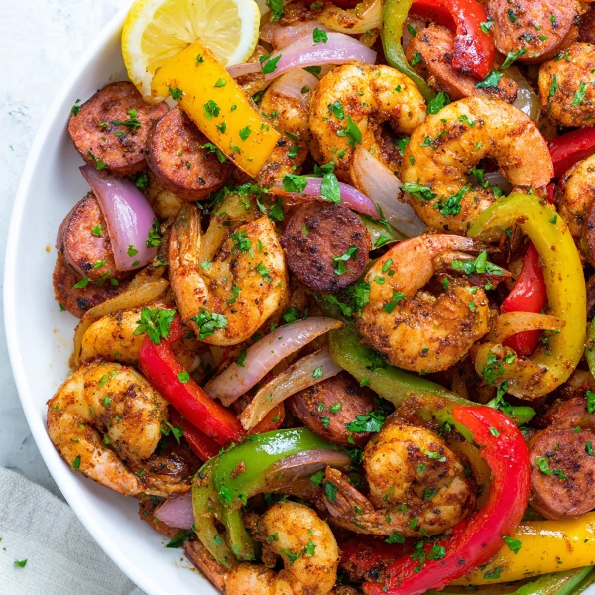 A vibrant skillet of Cajun Shrimp and Sausage with colorful peppers and onions, garnished with fresh parsley and lemon wedges.