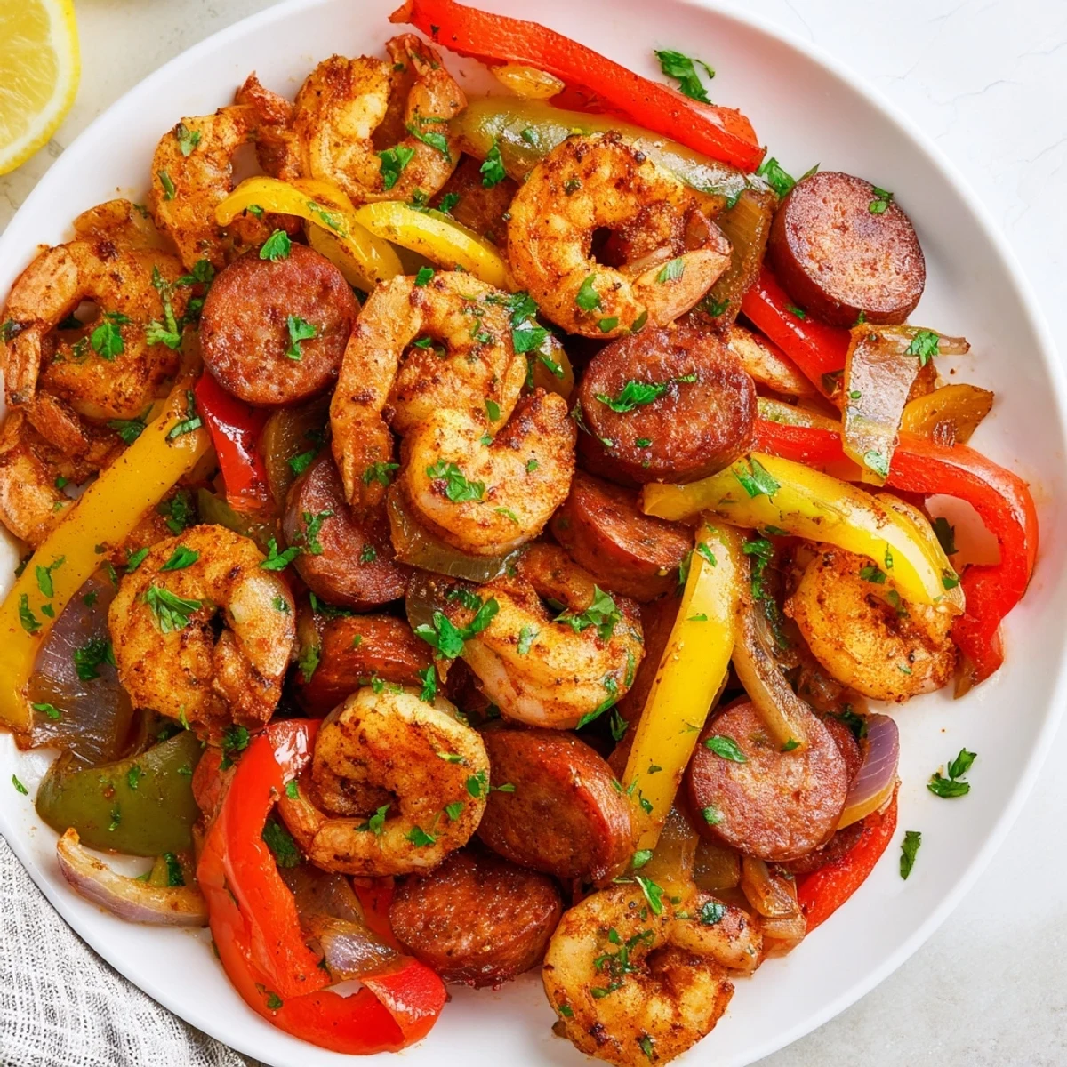Close-up view of Cajun Shrimp and Sausage Skillet, featuring plump pink shrimp and smoky sausage pieces in a bold seasoned sauce.