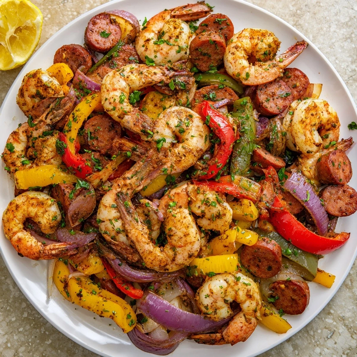 Sizzling one-pan Cajun Shrimp and Sausage Skillet served over rice, highlighting the easy weeknight meal’s bold flavors and textures.