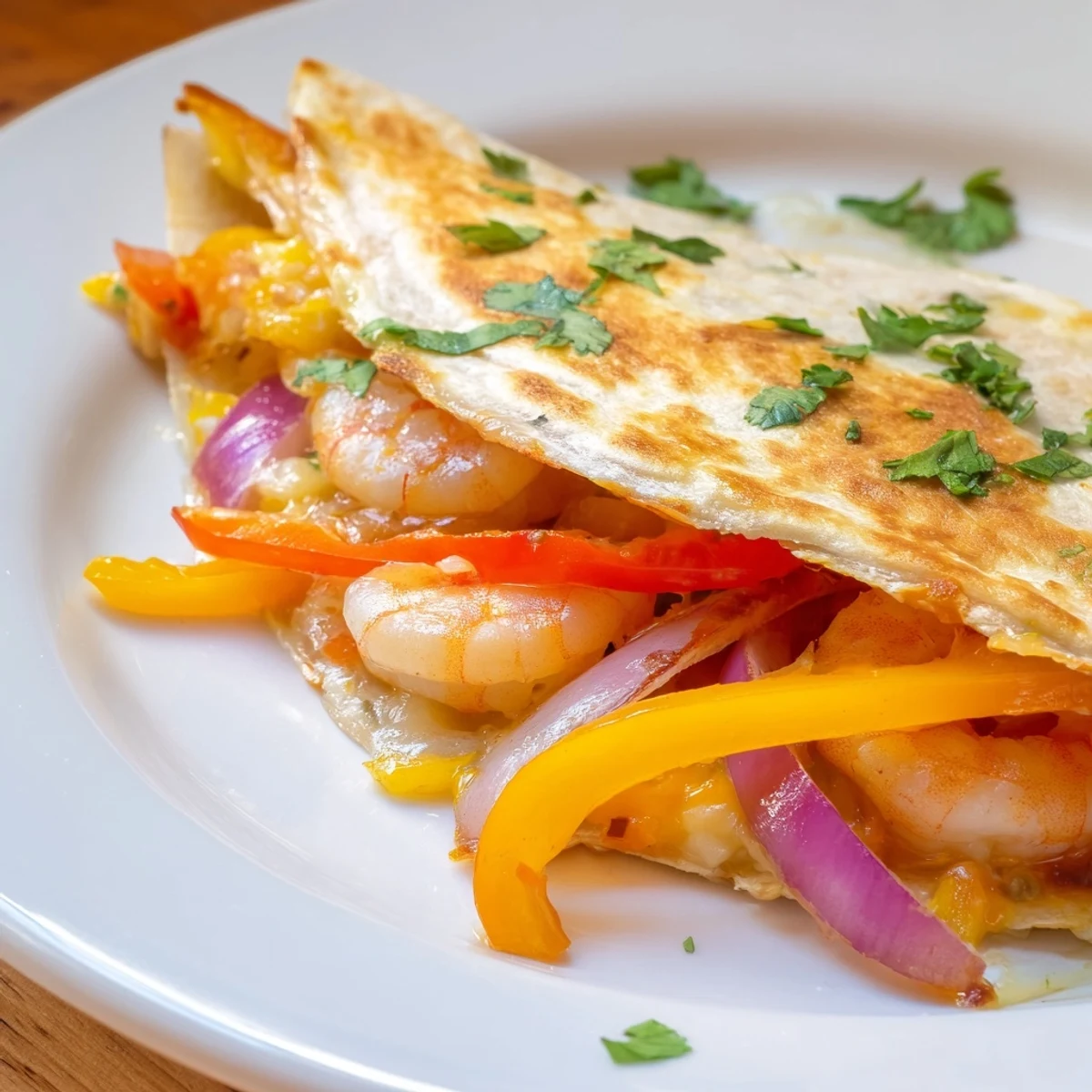 Golden-brown Shrimp Fajita Sheet Pan Quesadillas filled with sizzling shrimp, peppers, and melty cheese.