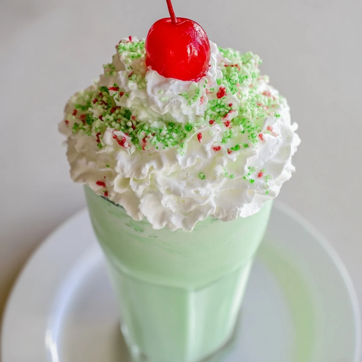 Refreshing Homemade Copycat Shamrock Shake topped with a maraschino cherry for a festive St. Patrick's Day.