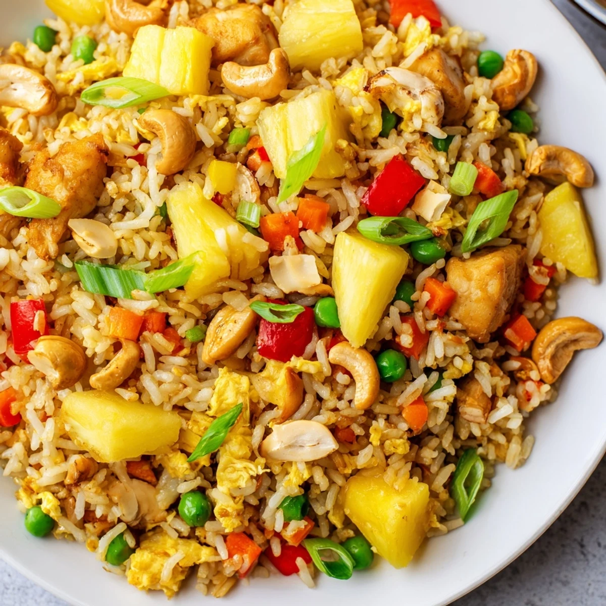 Golden Pineapple Chicken Fried Rice with Cashews served hot, topped with lime wedges and fresh green onions on a plate.