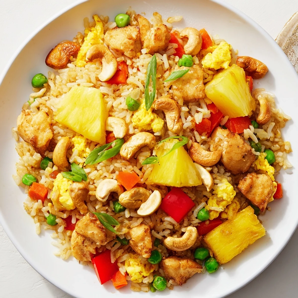 Close-up of Pineapple Chicken Fried Rice with Cashews, showing tender chicken, sweet pineapple chunks, and scrambled eggs mixed in.