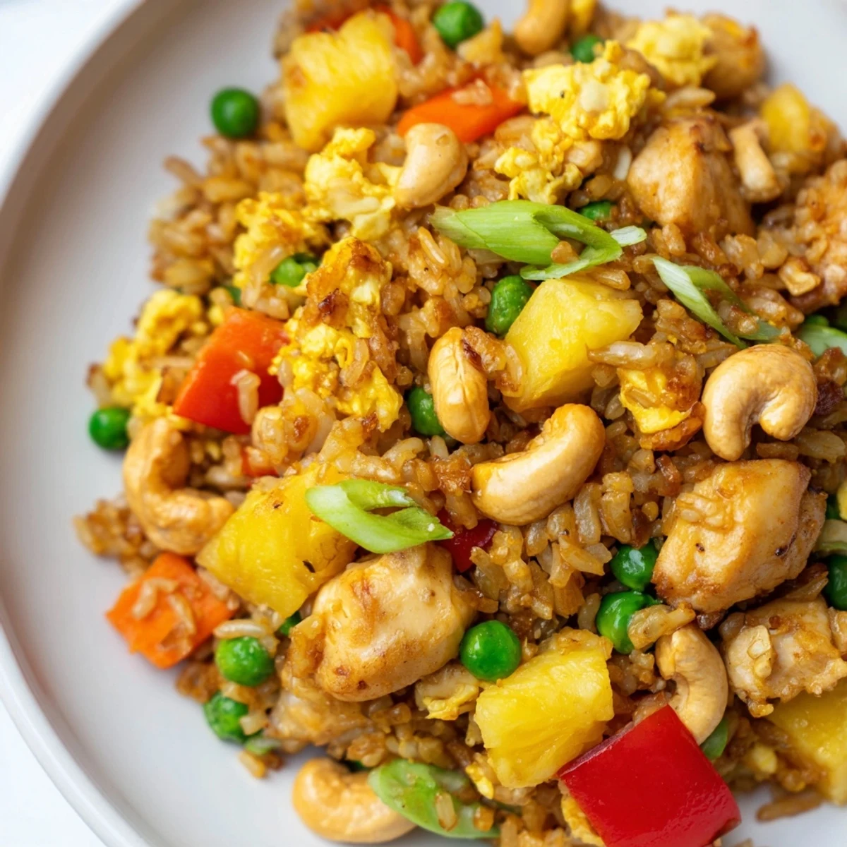 Stir-fried Pineapple Chicken Fried Rice with Cashews features colorful veggies, fluffy rice, and crunchy nuts in a wok.