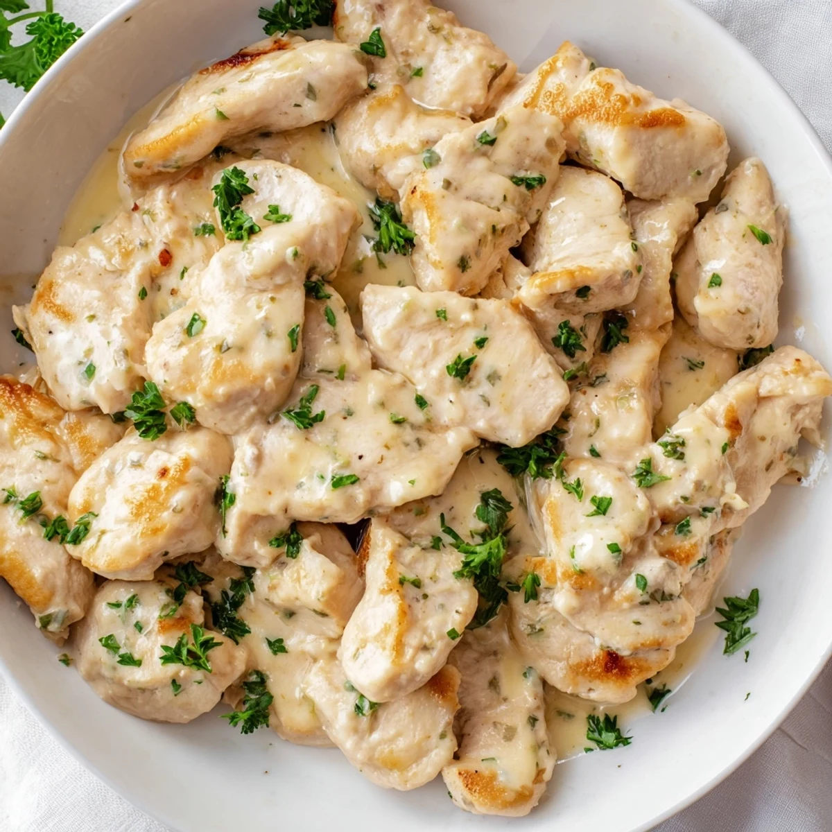 A close-up view of the Creamy Boursin Chicken skillet, highlighting the rich, velvety sauce and fresh parsley garnish.