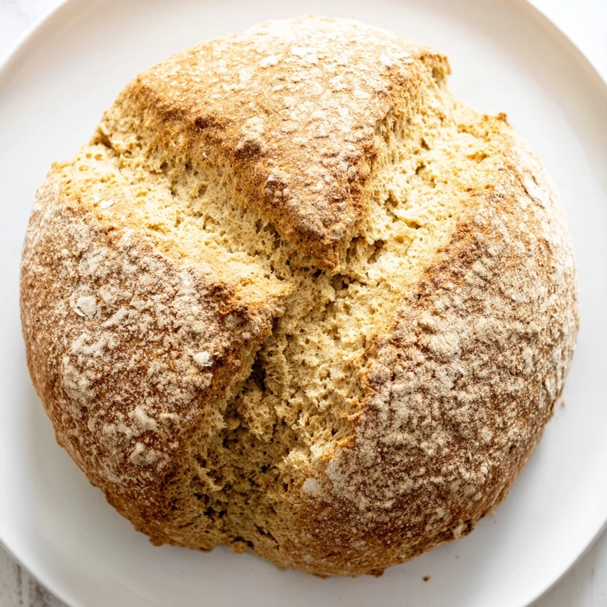 Warm Authentic 4-Ingredient Irish Soda Bread with a tender crumb, served on a wooden board with butter and jam.