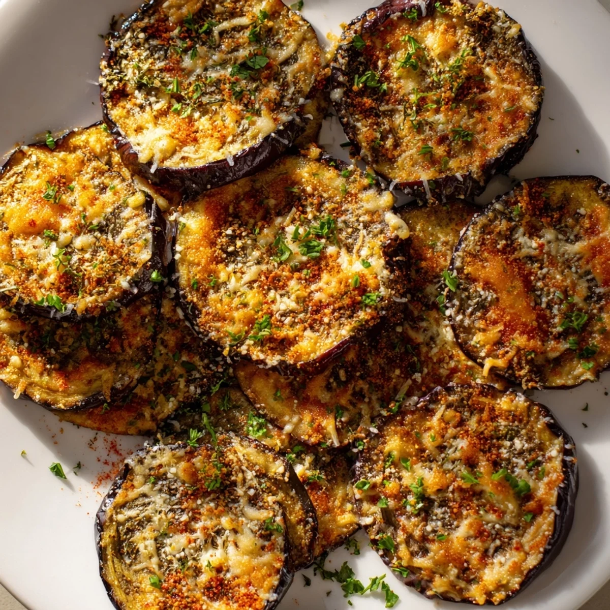 Golden Mediterranean roasted eggplant slices topped with bubbly Parmesan and fresh herbs served warm on a platter.