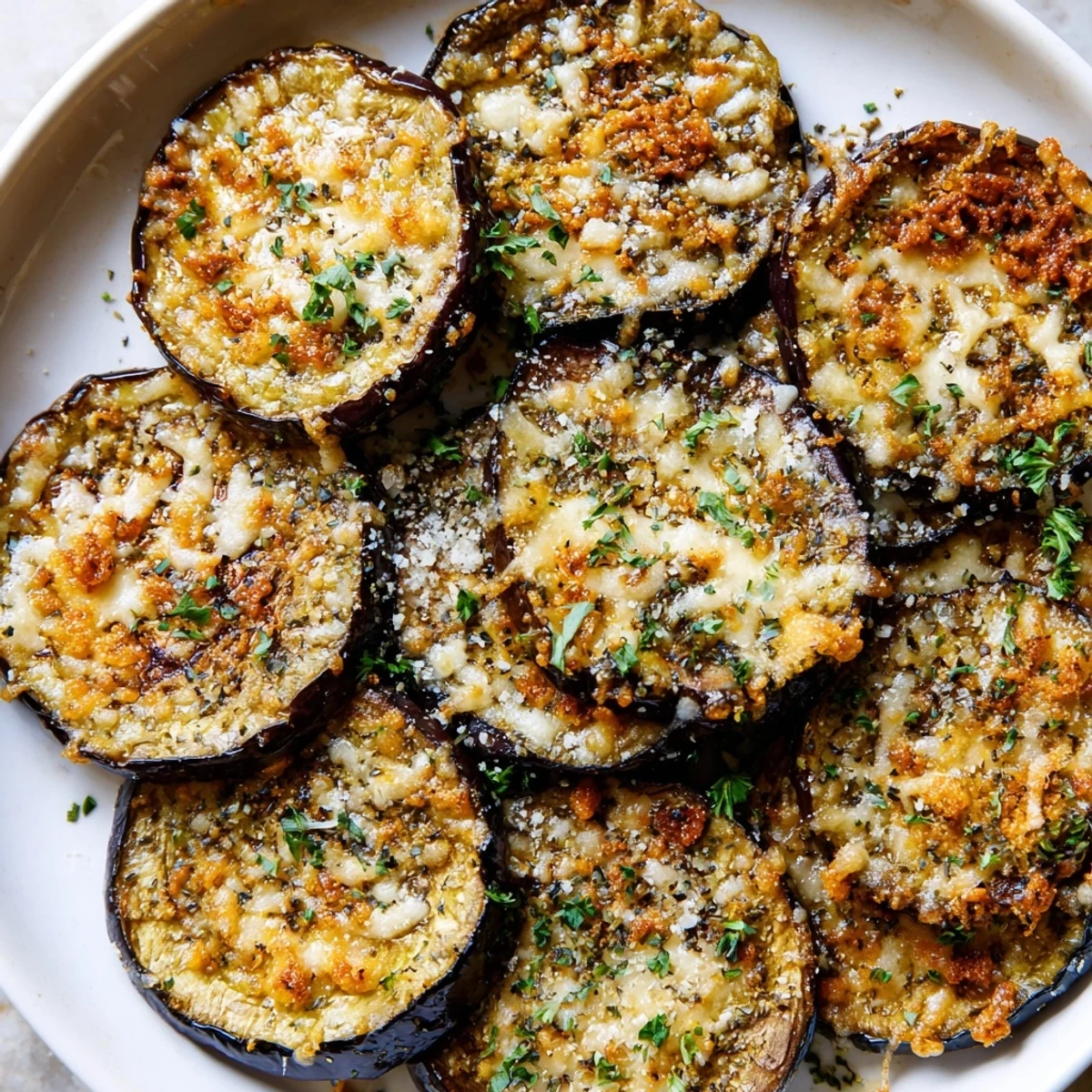 A close-up of Mediterranean Roasted Eggplant & Parmesan Crisps garnished with parsley and bright lemon wedges.