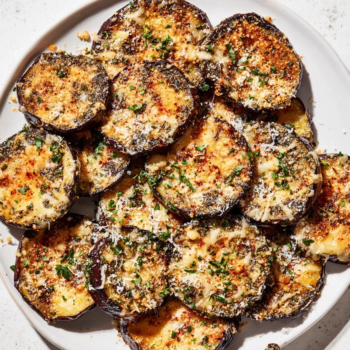 Crispy Mediterranean Roasted Eggplant & Parmesan Crisps resting on a parchment-lined baking sheet with garlic seasoning.