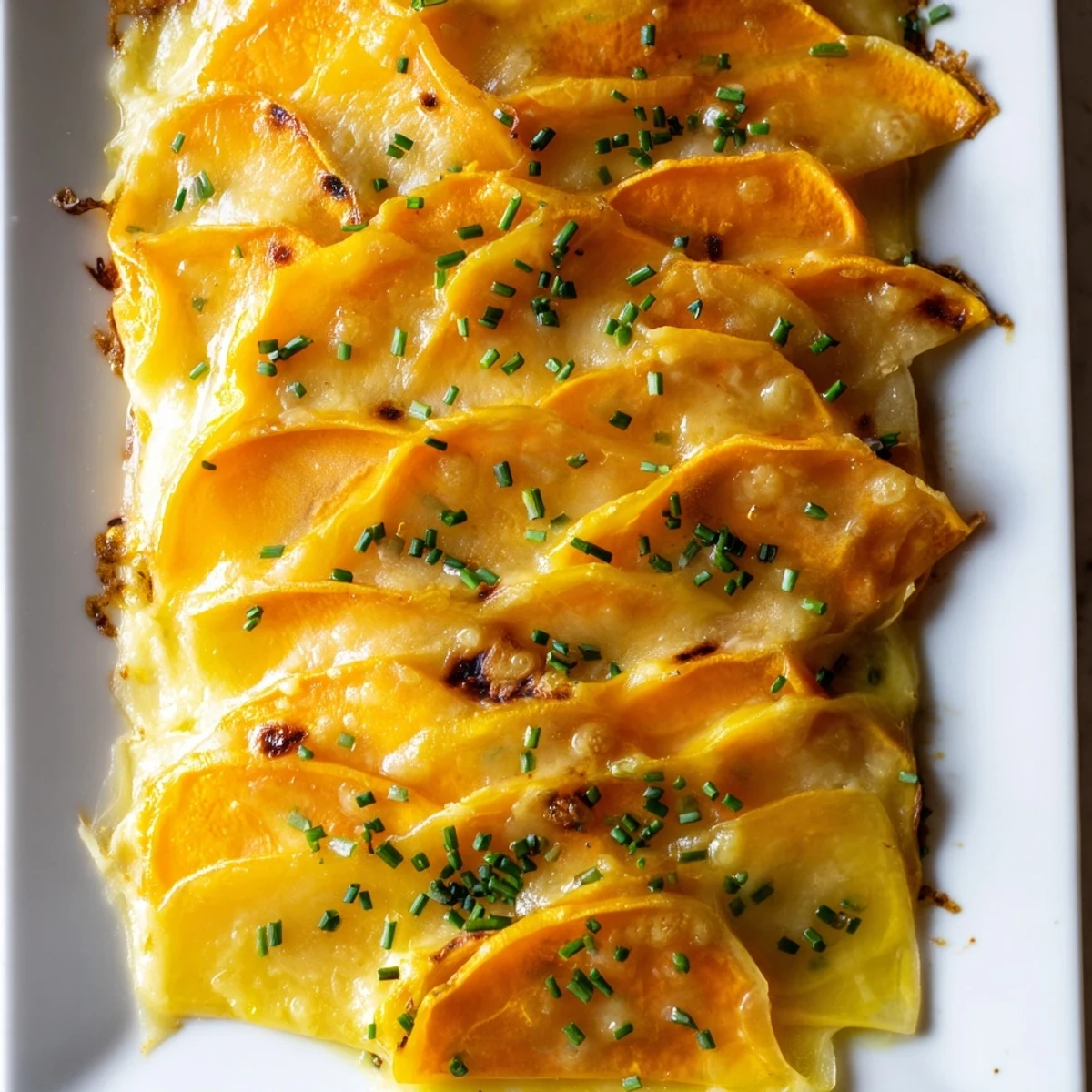 A close-up of Cheesy Sweet Potato Gratin with Caramelized Onions Delight, showing golden bubbly cheese and caramelized onion layers on top.