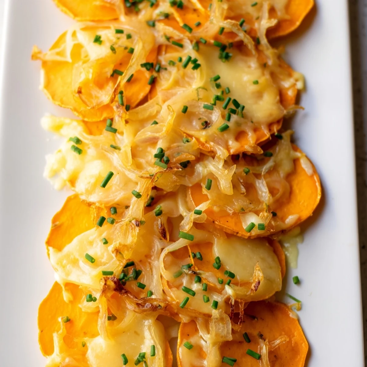 Baked Cheesy Sweet Potato Gratin with Caramelized Onions Delight in a ceramic dish, steam rising from the melted cheese topping.