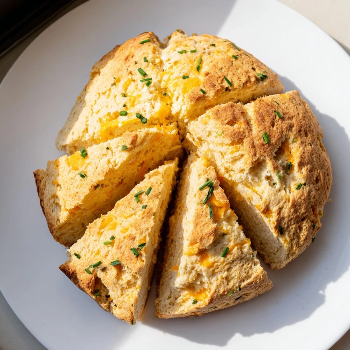 A close-up of Savory Cheddar & Chive Irish Soda Bread, sliced to reveal a tender crumb studded with herbs and melted cheese.