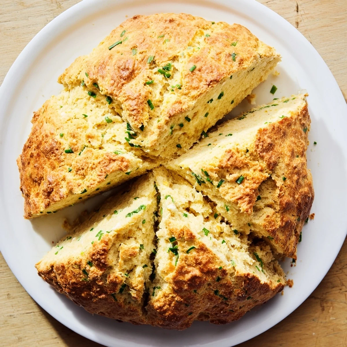 Savory Cheddar & Chive Irish Soda Bread is served warm on a ceramic plate, ready to be slathered with butter.