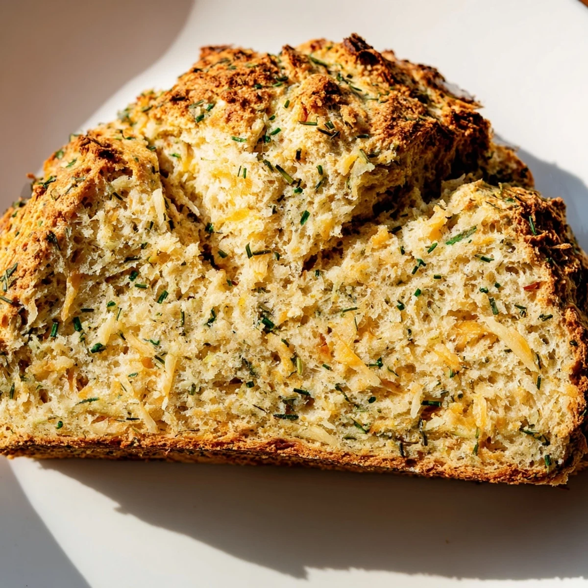A golden-brown Savory Herbed Cheddar Irish Soda Bread loaf, with a deep X cut on top, sits cooling on a wooden board.  