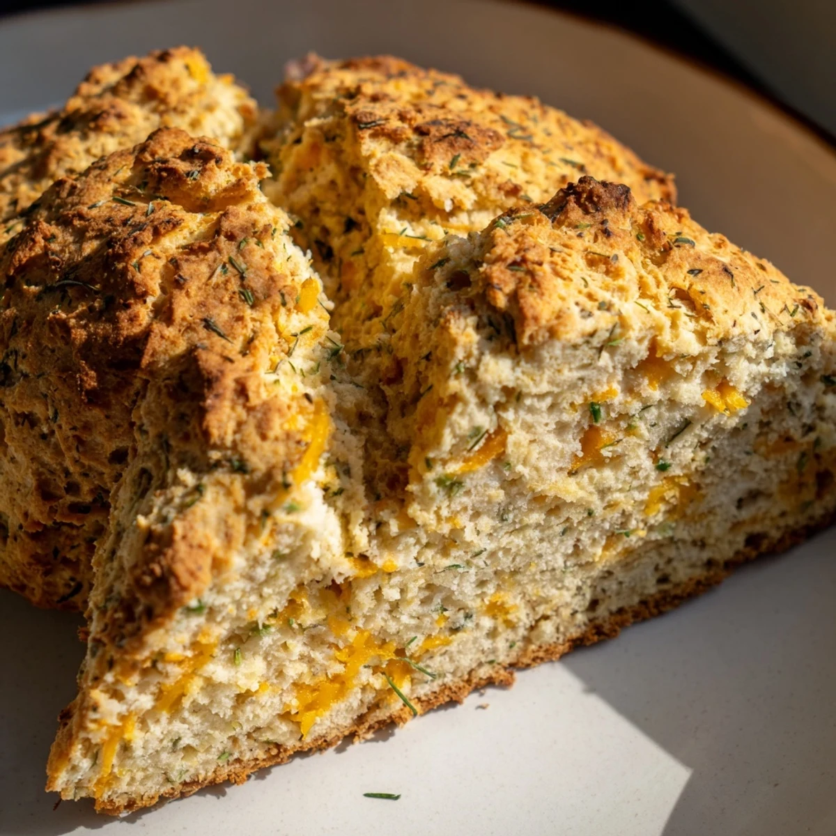 Slices of warm Savory Herbed Cheddar Irish Soda Bread are served beside a steaming bowl of creamy soup for a cozy dinner.  
