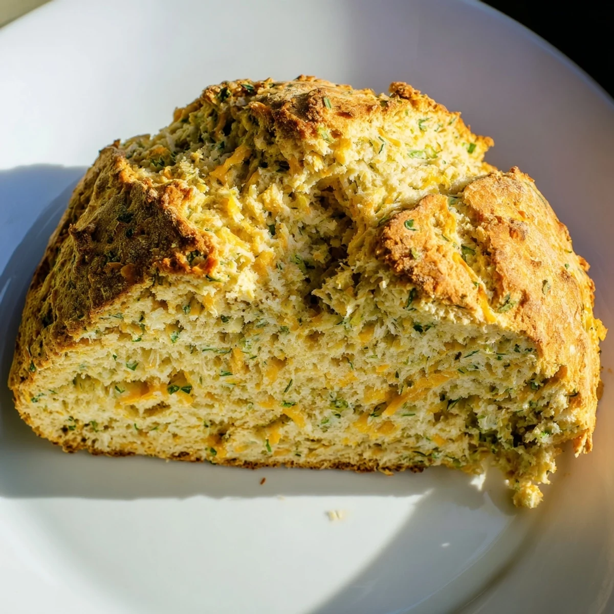 Fresh herbs and melted sharp cheddar cheese top the rustic Savory Herbed Cheddar Irish Soda Bread, ready to be enjoyed with butter.