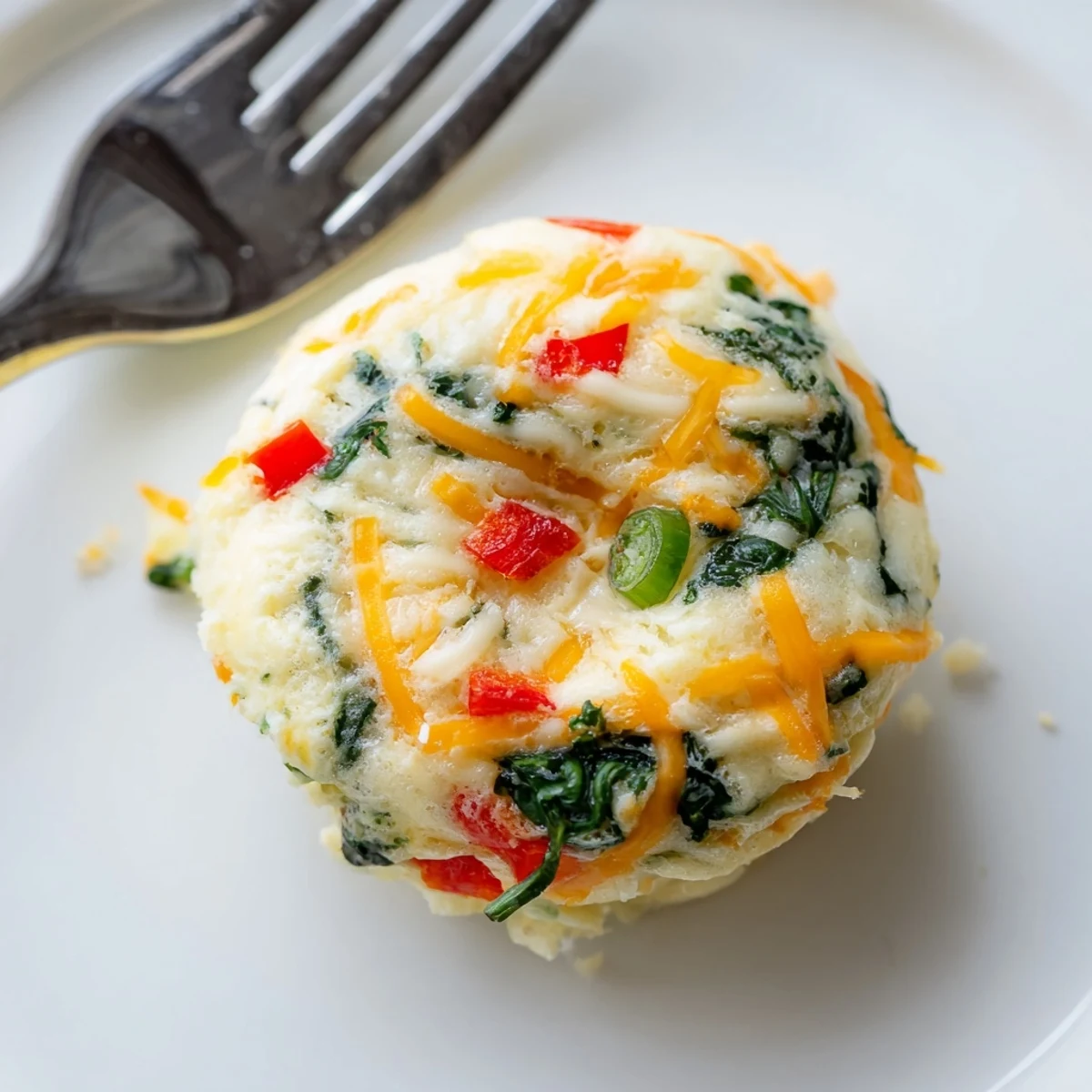 Golden-brown cottage cheese egg bites sit in a muffin tin, studded with vibrant green spinach and red bell pepper, ready to be enjoyed warm for a protein-packed breakfast.
