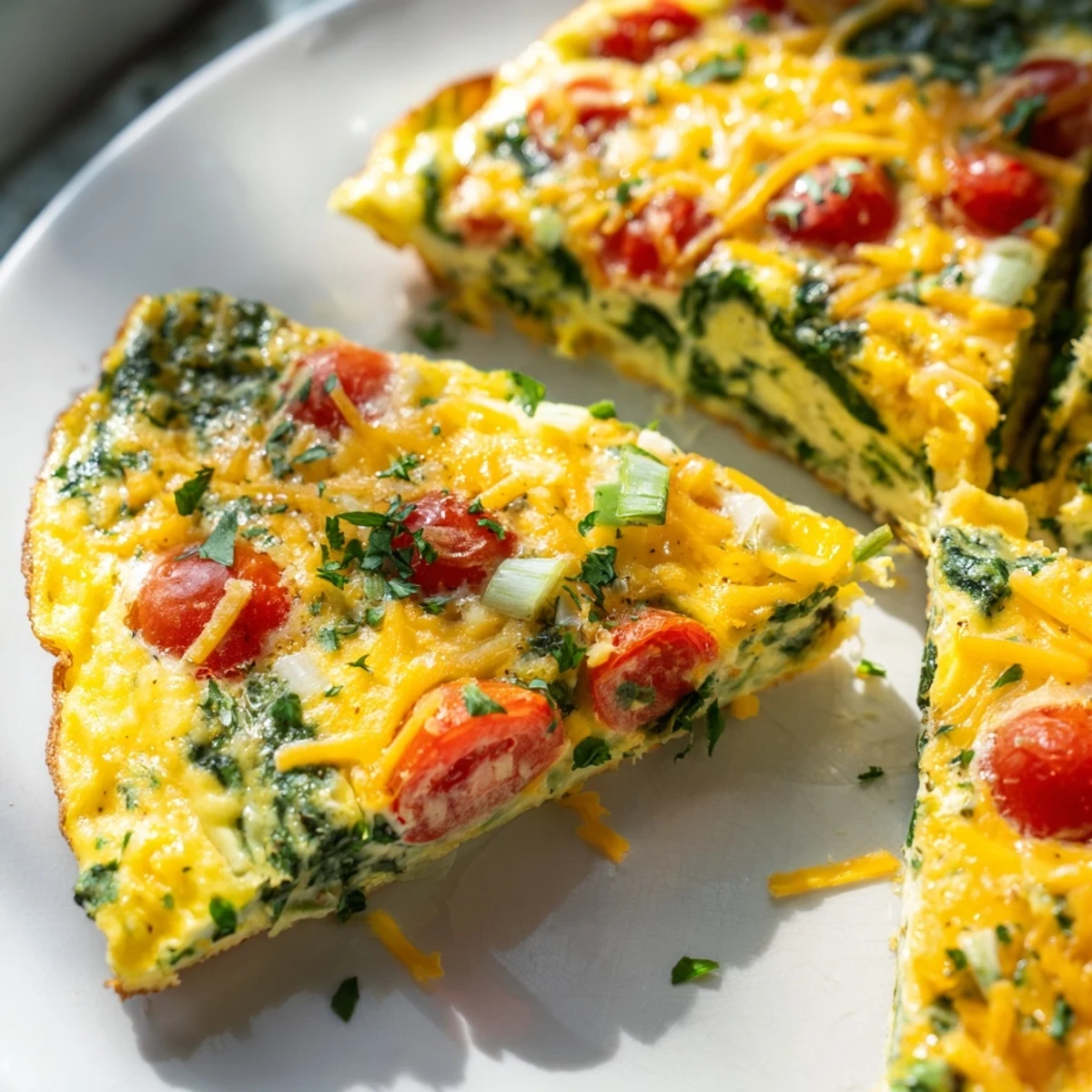 In this image, the golden-brown Simple Cottage Cheese Frittata sits in a cast-iron skillet, with melted cheddar and fresh spinach visible.