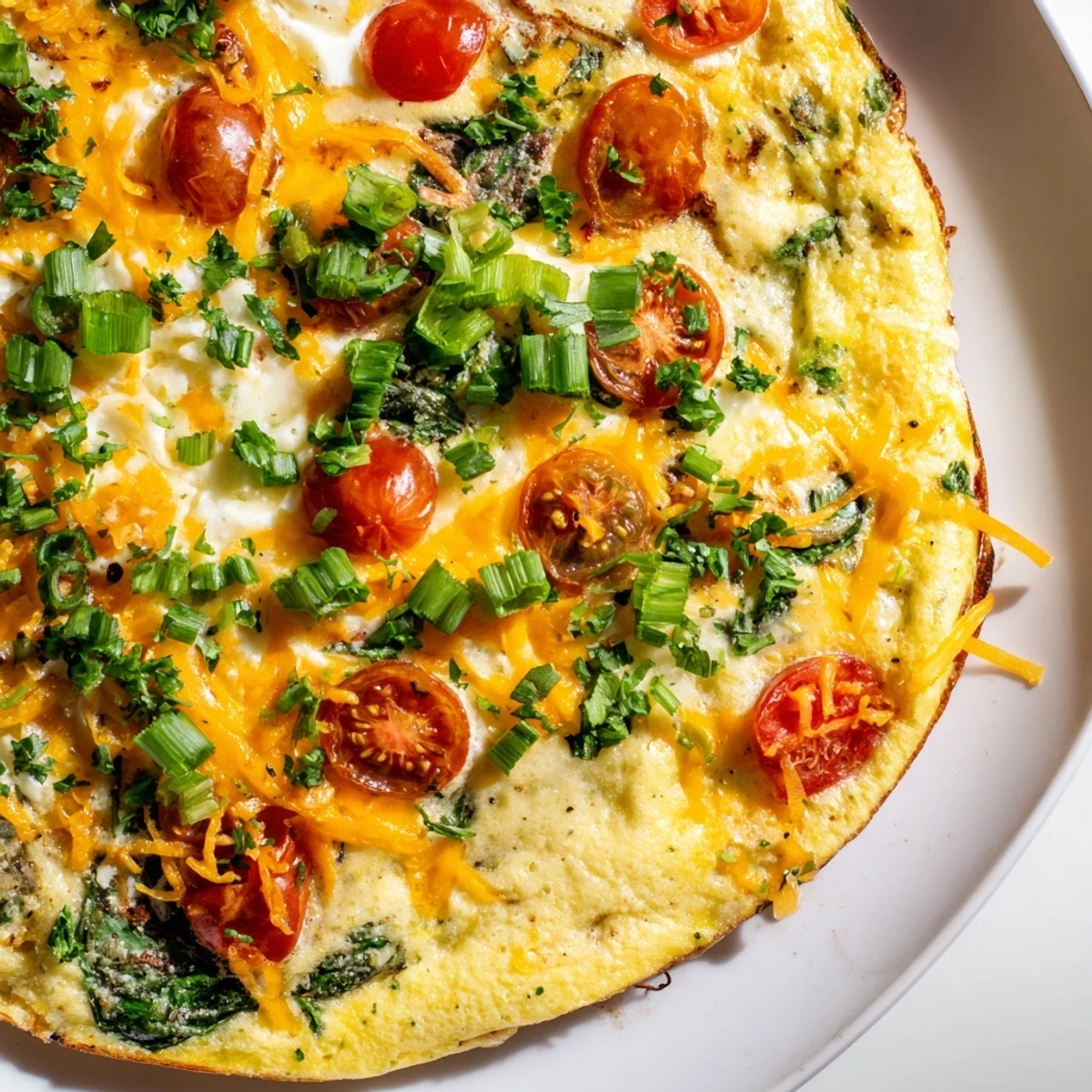 A close-up shows a slice of the protein-packed Simple Cottage Cheese Frittata on a white plate, next to a fork and a green salad.