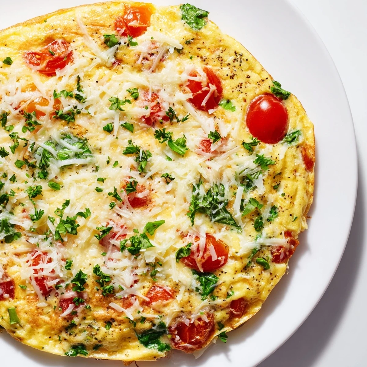 The Simple Cottage Cheese Frittata is served warm on a rustic wooden table, garnished with fresh chives and halved cherry tomatoes.