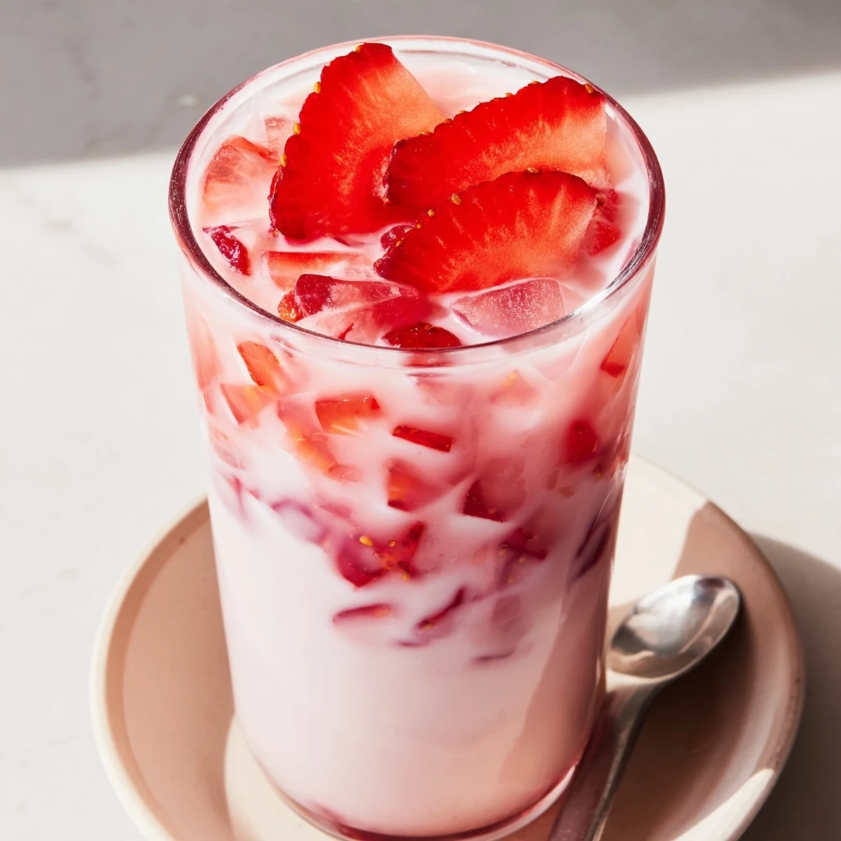 The vibrant Cafe Style Korean Strawberry Milk glows pink with fresh strawberry sauce and creamy milk.