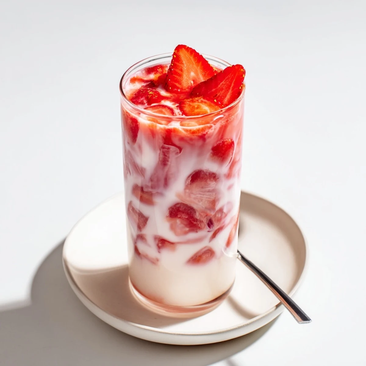 A refreshing Cafe Style Korean Strawberry Milk layered with sweet berry syrup and sliced strawberry garnish.