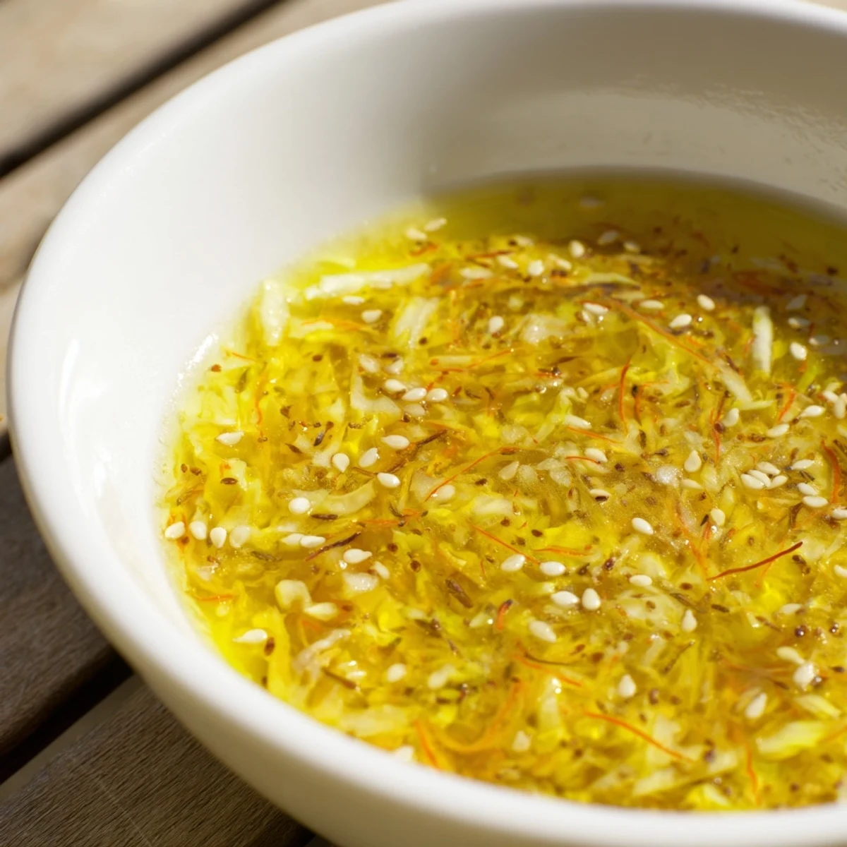 The best Asian coleslaw dressing in a glass jar, garnished with sesame seeds and fresh ginger.