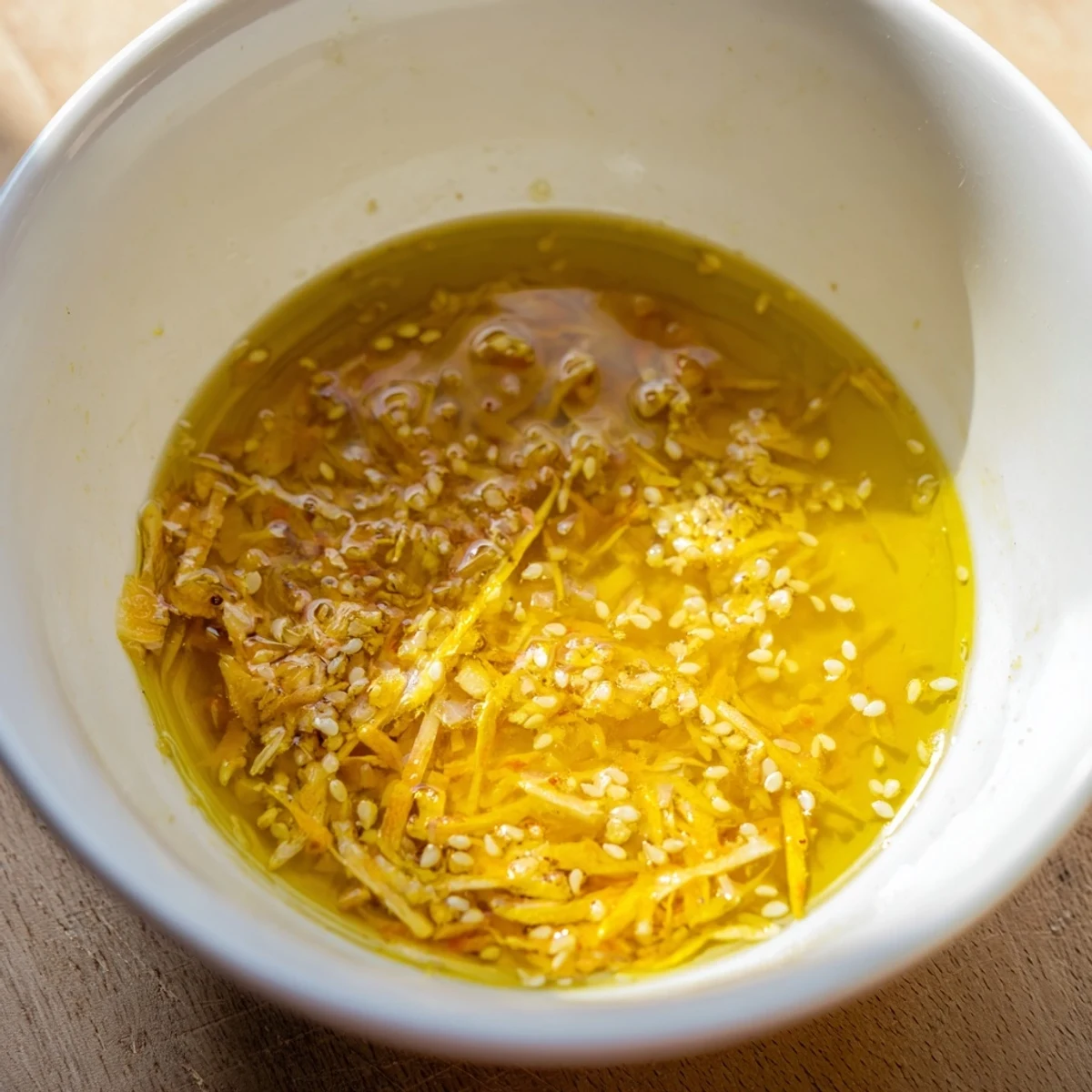 A close-up of the best Asian coleslaw dressing drizzled over a vibrant slaw with cabbage and carrots.