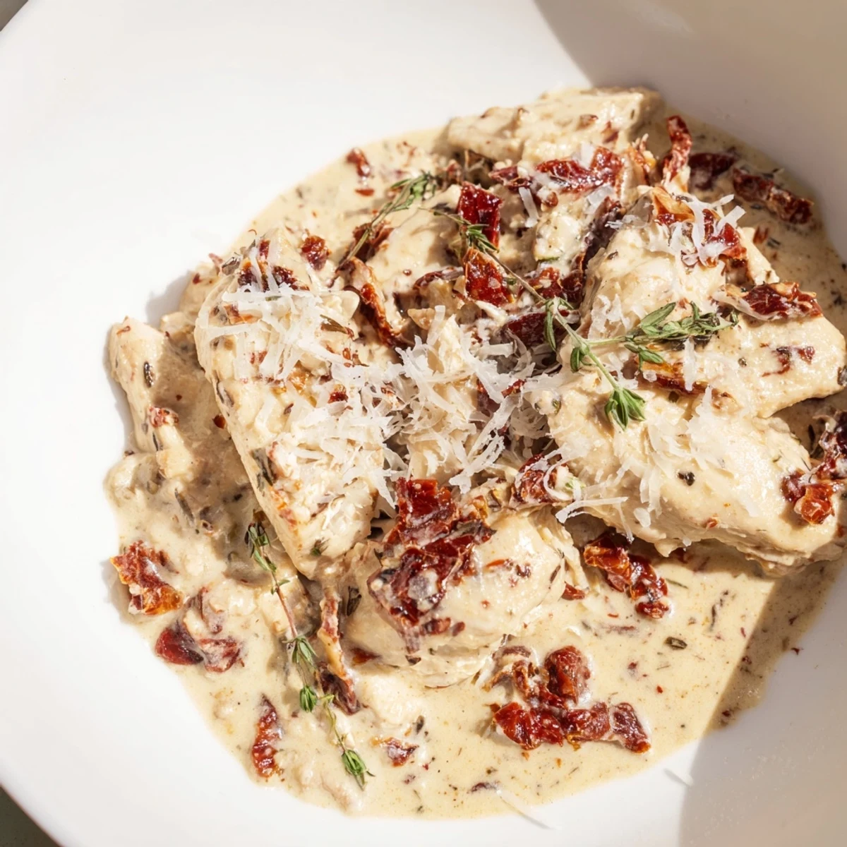 Tender Marry Me High Protein Crockpot Chicken served over quinoa with fresh parsley garnish.