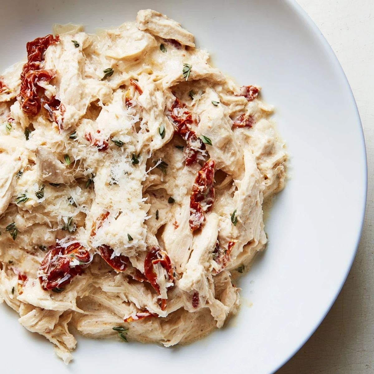 Creamy Marry Me High Protein Crockpot Chicken shredded in a bowl with sun-dried tomatoes and parmesan.