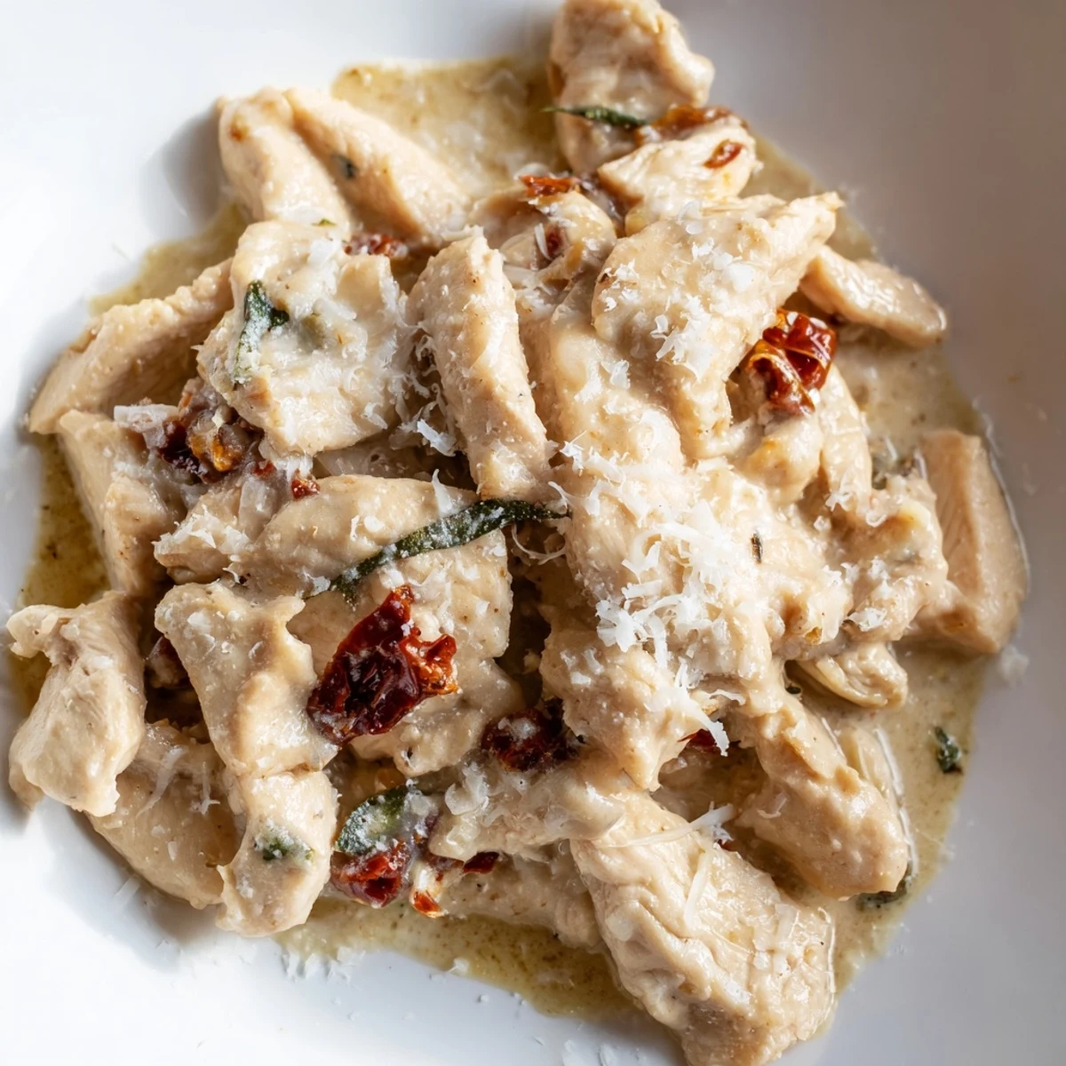 Slow-cooked Marry Me High Protein Crockpot Chicken on a white plate with a sprinkle of basil.