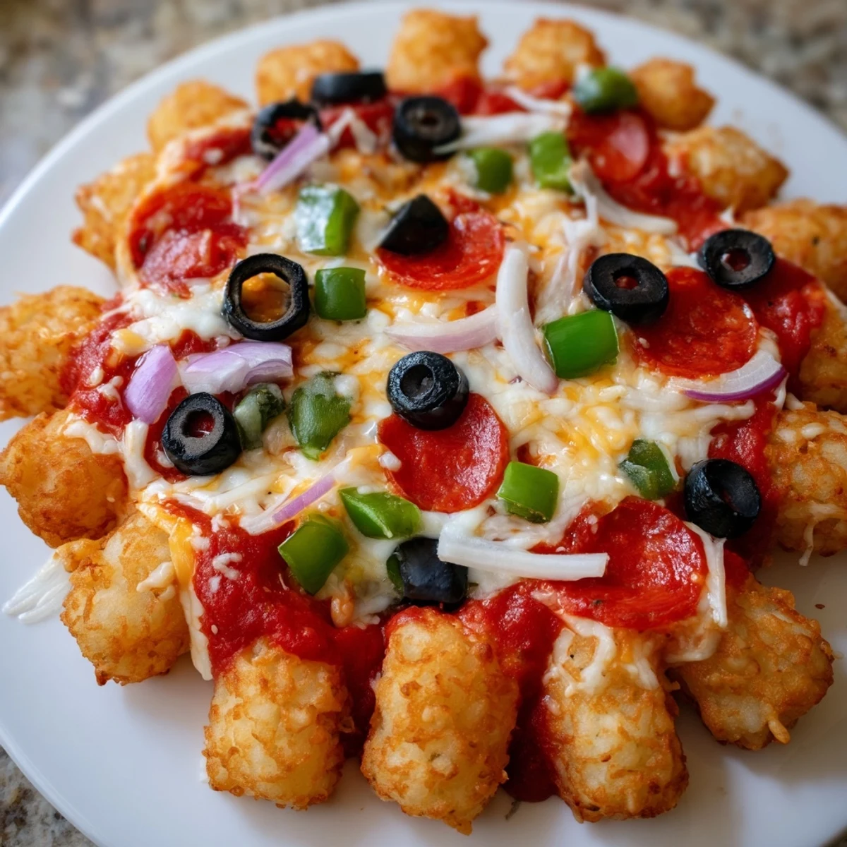 Golden melted mozzarella and cheddar cover crispy tater tots in a baked Cheesy Pizza Tot Casserole, with pepperoni and bell peppers visible.  