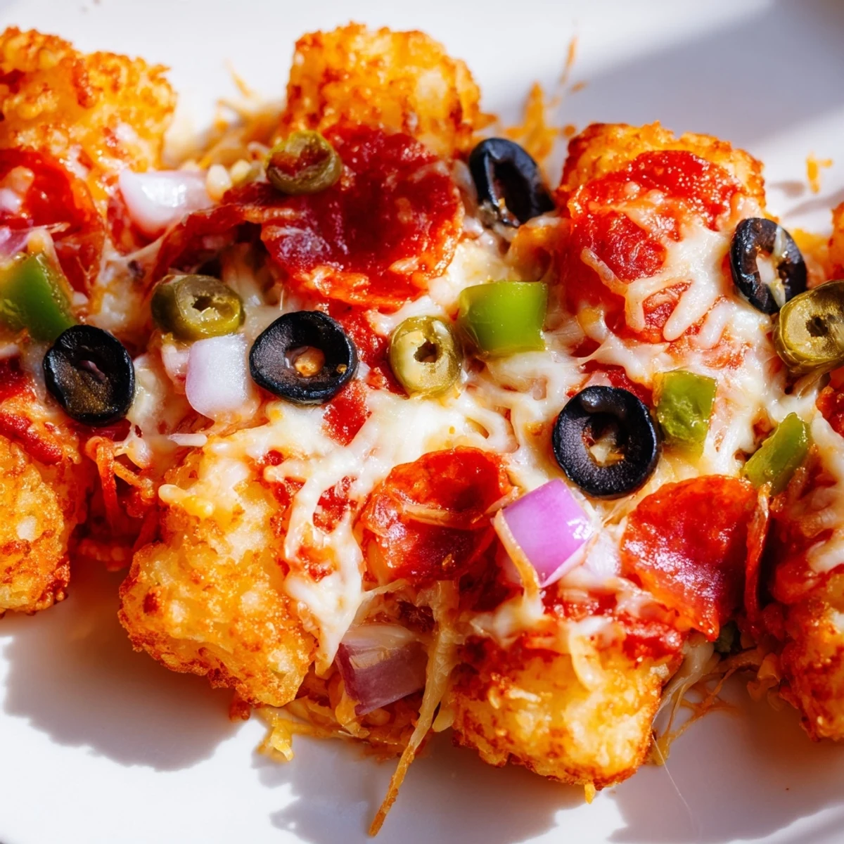 A family-sized baking dish holds a freshly baked Cheesy Pizza Tot Casserole, showcasing layers of savory sauce and bubbling cheese.  