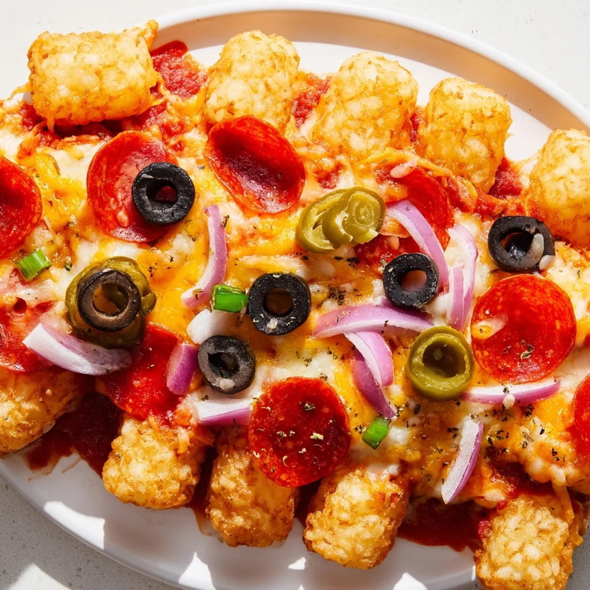 Close-up view of a slice being lifted from a hot Cheesy Pizza Tot Casserole, revealing golden crust and toppings.
