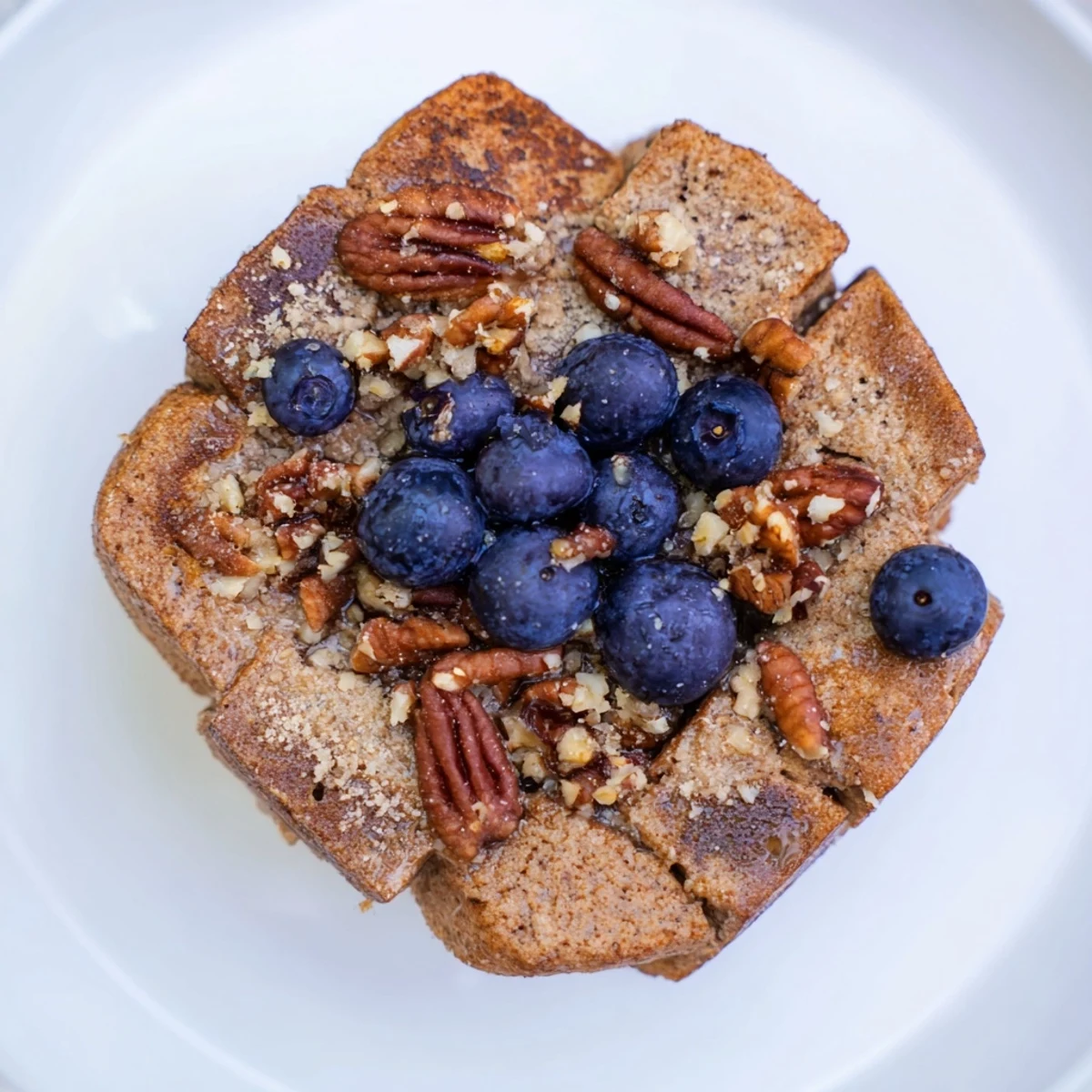 Protein French Toast Muffins on a rustic wooden board, garnished with fresh berries.