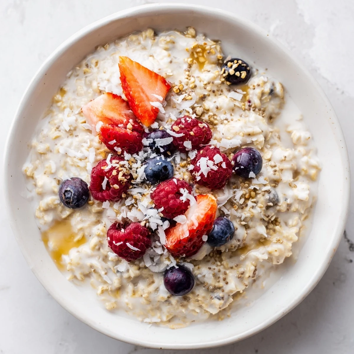 Steaming bowl of creamy Tasty Coconut Cream Oats topped with vibrant raspberries and shredded coconut.