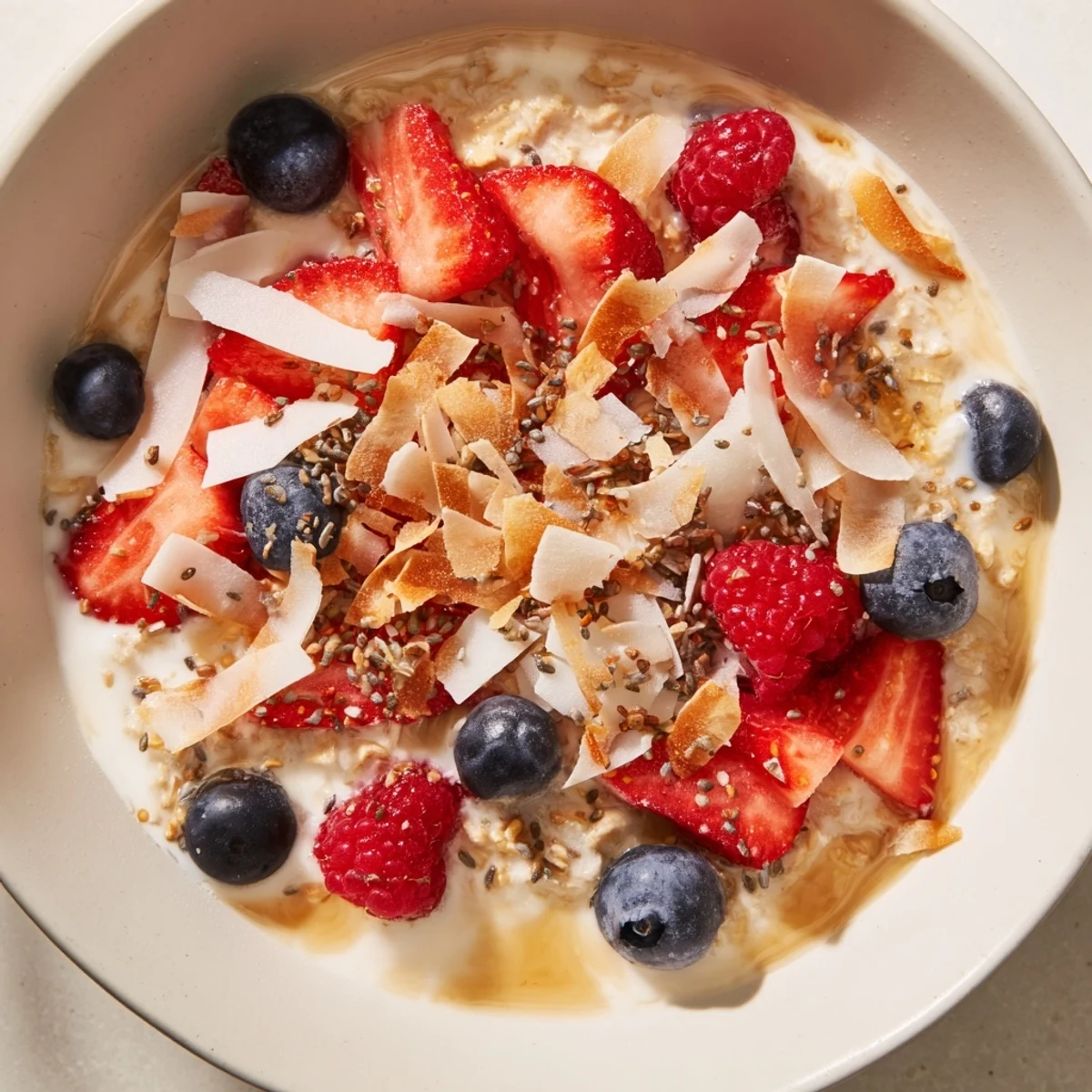 Warm Tasty Coconut Cream Oats served with a side of sliced strawberries and a honey drizzle.