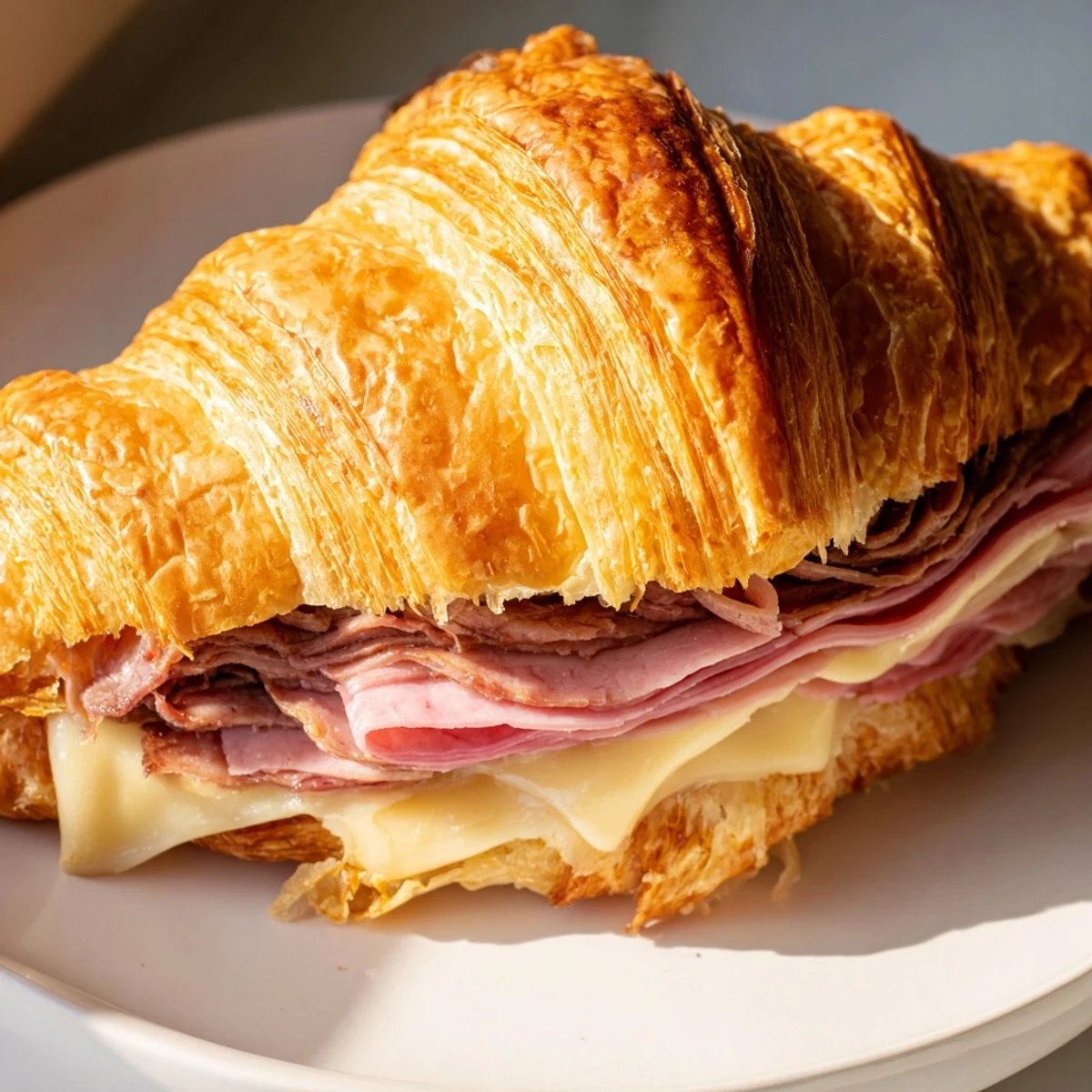 Sliced Easy Air Fryer Beef Ham Cheese Croissants reveal beef, ham, and Swiss inside, served with a side salad.