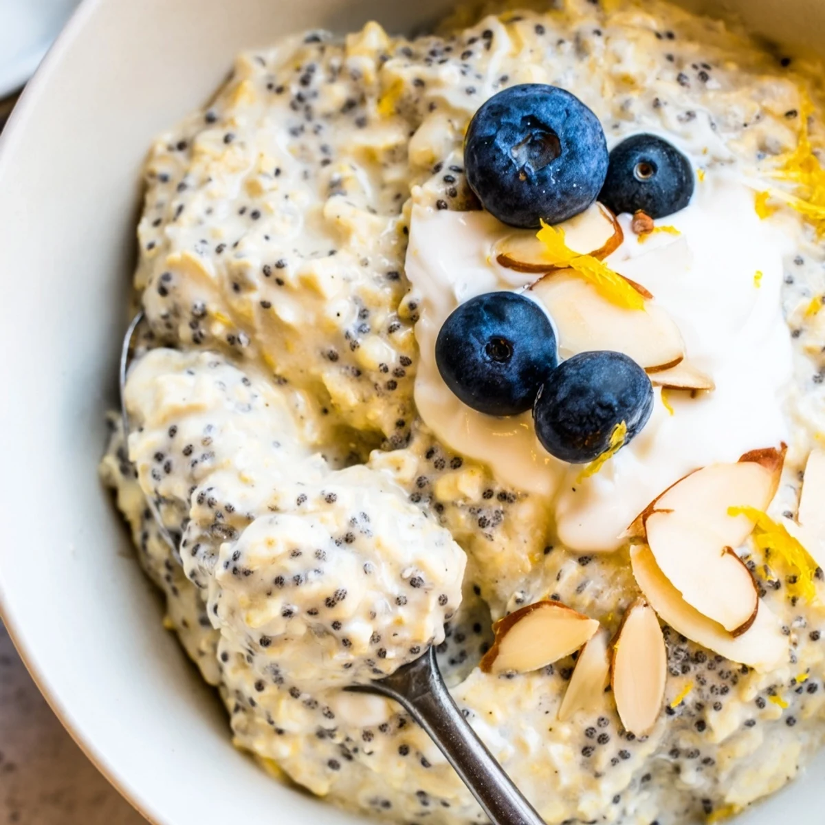 Creamy vegan lemon poppy seed overnight oats topped with fresh berries and sliced almonds in a clear jar.
