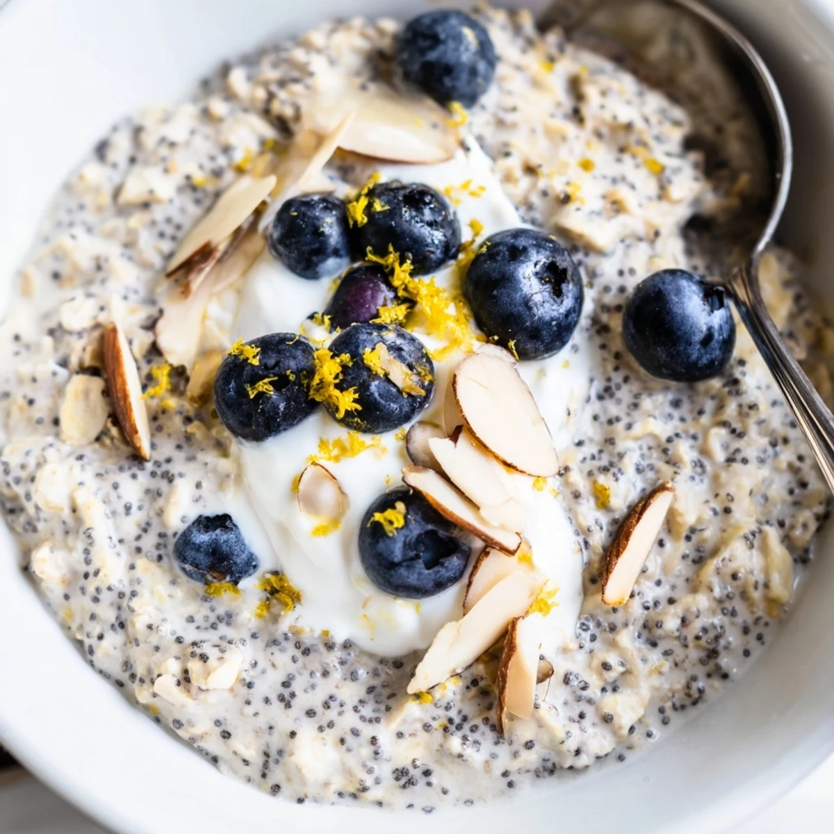 Ready-to-eat lemon poppy seed overnight oats served chilled with a dollop of coconut yogurt for a refreshing start.