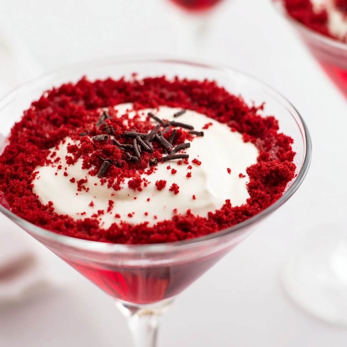 A close-up of the Decadent Red Velvet Martini shows chocolate shavings topping a vibrant red cocktail in a stemmed glass.