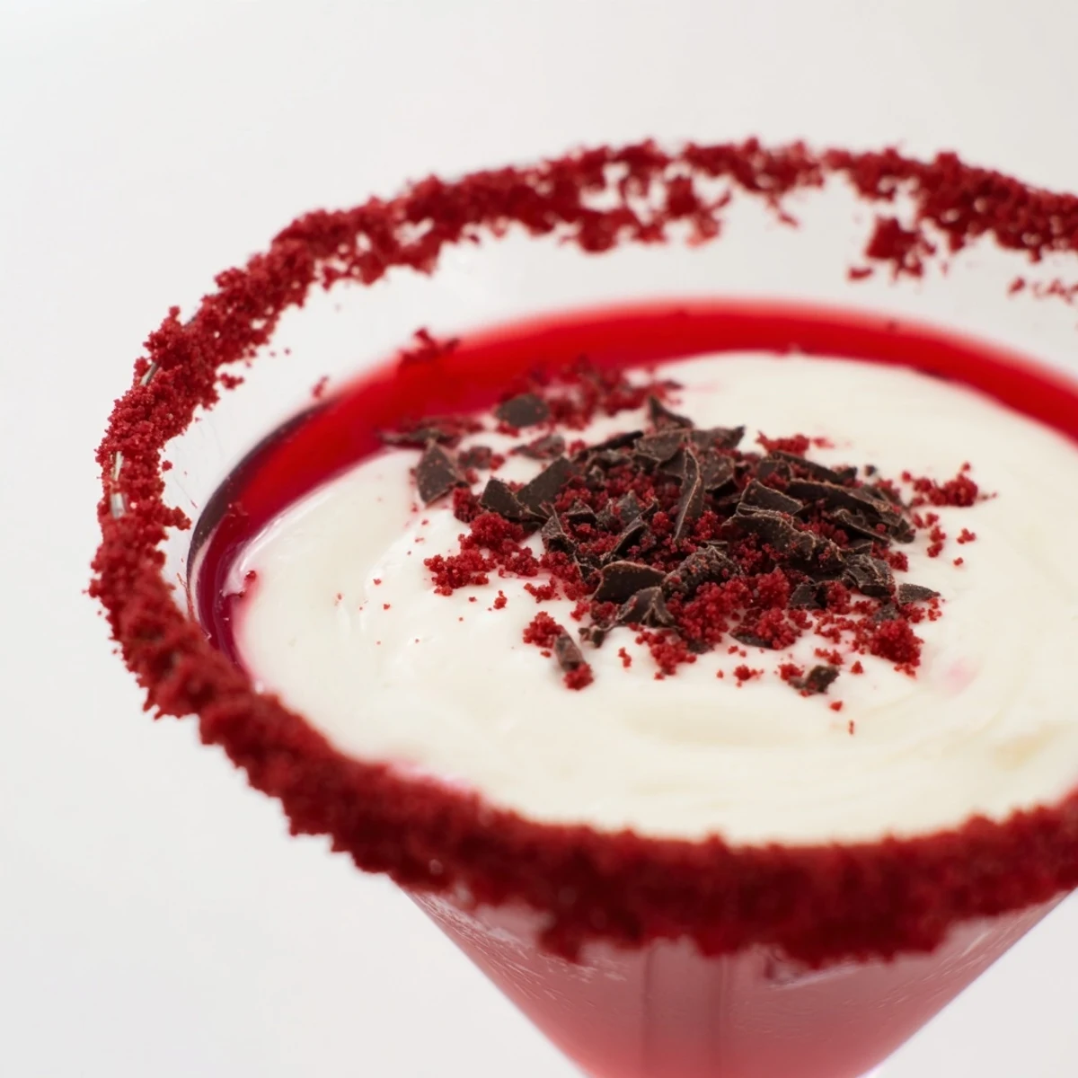 Chilled Decadent Red Velvet Martini garnished with red velvet crumbs beside a slice of cake, served on a marble surface.