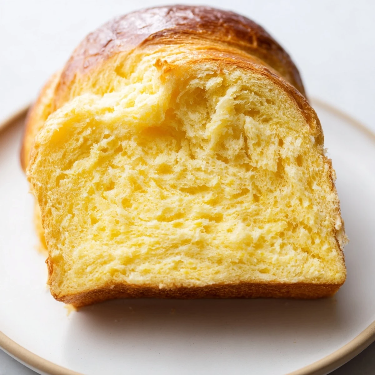 Freshly braided Milk Brioche – Soft Buttery French Bread Delight on a wooden board with morning sunlight.